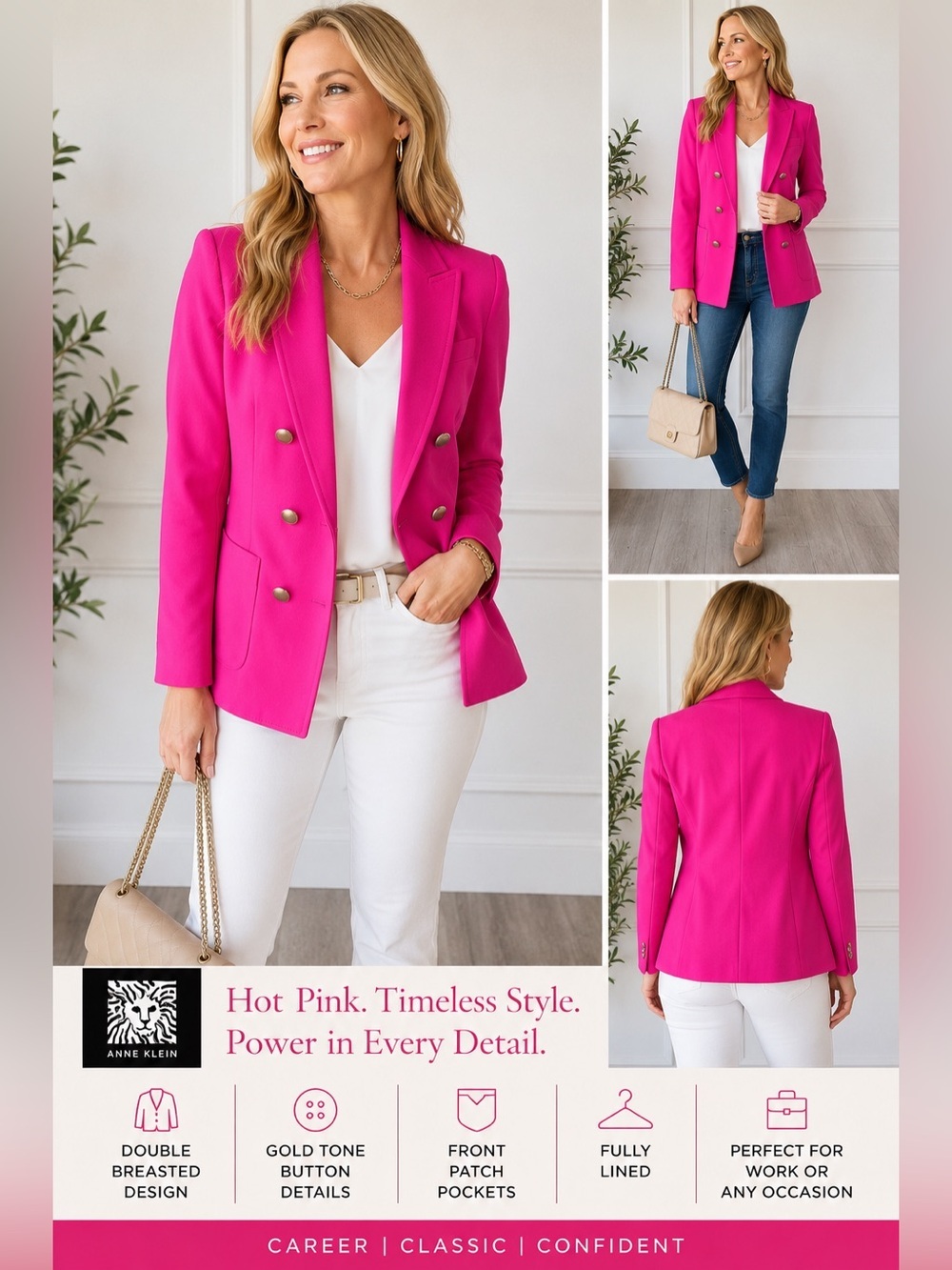 Anne Klein Hot Pink Double Breasted Blazer Gold Button Career Jacket